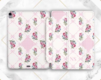 Elegant bows print Personalized case iPad case initials Custom Pink roses Cute girly case Pro 13 Mini 7 Air 13 iPad 11 2025 12 9 11th gen