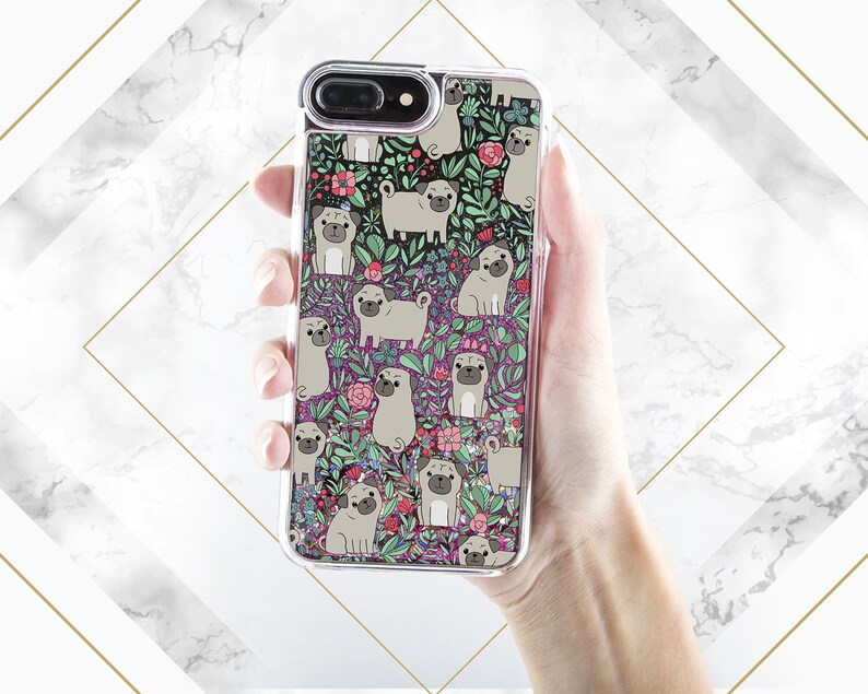 May include: A clear phone case with a glittery background and a repeating pattern of pugs and flowers. The pugs are brown and white and the flowers are pink, red, and green.