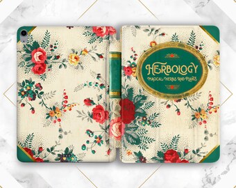 Herbology book print Botanical pattern art iPad smart case Vintage art case Looks like book print iPad case beige Red roses Flowers Cover