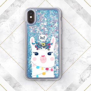 May include: A clear phone case with a blue and white glitter background. A white llama with a flower crown and the word "hi!" in a speech bubble is printed on the case.