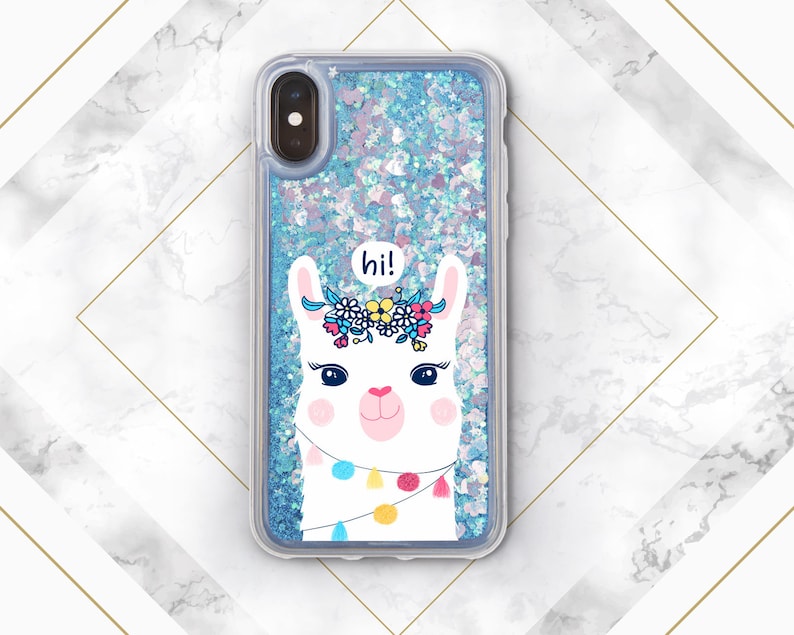 May include: A clear phone case with a blue and white glitter background. A white llama with a flower crown and the word "hi!" in a speech bubble is printed on the case.