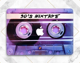 May include: A cassette tape in shades of purple and blue, featuring the text "90'S MIXTAPE". It has a white Apple logo. The design evokes a retro feel. The background is a marble pattern.