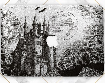 May include: A black and white illustration of a spooky castle with a full moon and bats flying in the sky. The image is on a silver glitter background.