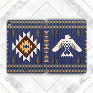 May include: A blue and brown geometric patterned iPad case with a white stylized bird design. The case has a blue background with a brown and yellow geometric pattern in the center. The bird is in the upper right corner of the case.