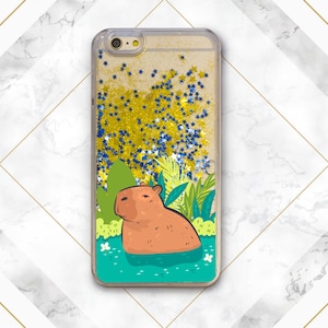 Capy in water print Phone case glitter iPhone case capybara Liquid Bling Floating Cute animal art Case for Samsung Glitter Waterfall Gift Gold