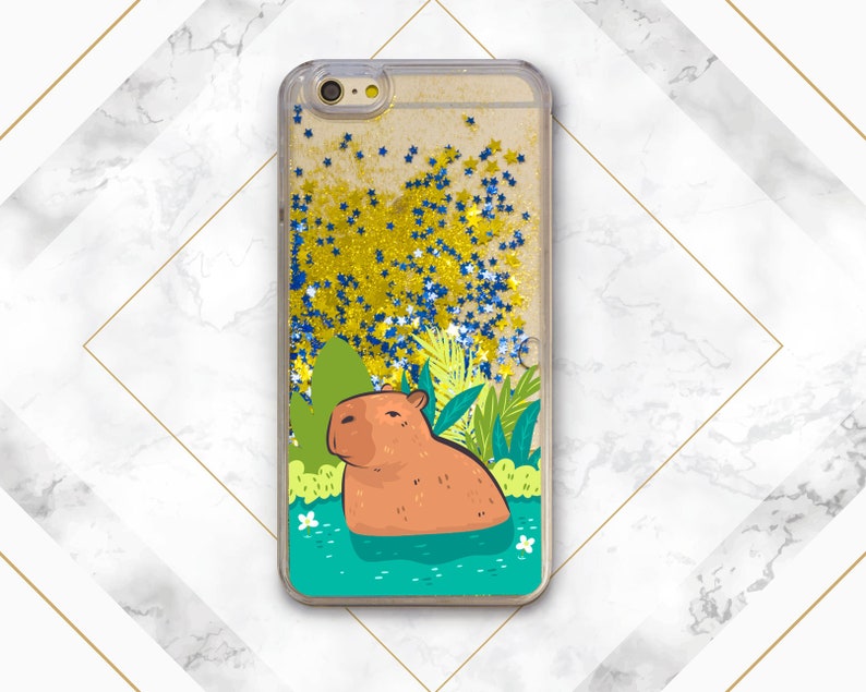 Capy in water print Phone case glitter iPhone case capybara Liquid Bling Floating Cute animal art Case for Samsung Glitter Waterfall Gift Gold