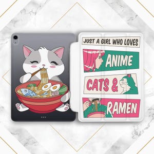 Kawaii kitten art iPad case anime Funny Cute animal Ramen print cover iPad smart case Anime girl woman White case iPad flip stand Cartoon