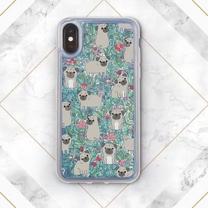 May include: A clear phone case with a glittery design featuring a repeating pattern of pugs and flowers. The pugs are light brown and the flowers are pink, blue, and green.