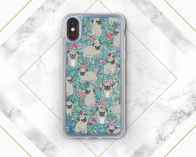 May include: A clear phone case with a glittery design featuring a repeating pattern of pugs and flowers. The pugs are light brown and the flowers are pink, blue, and green.
