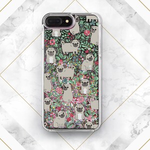 May include: A clear phone case with a floral and pug design. The case features a variety of pugs in different poses, surrounded by flowers and leaves. The case is designed for an iPhone.