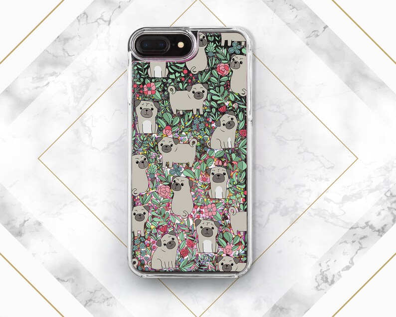 May include: A clear phone case with a floral and pug design. The case features a variety of pugs in different poses, surrounded by flowers and leaves. The case is designed for an iPhone.