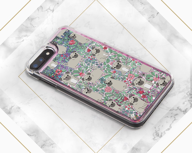 May include: A clear phone case with a pink glitter border and a design of pugs and flowers. The pugs are drawn in a cartoon style and are surrounded by pink, green, and purple flowers.