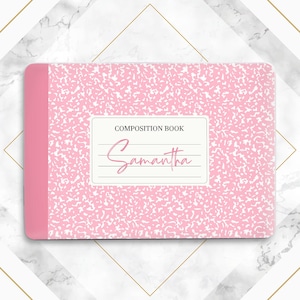 Puede incluir: Cuaderno de composición rosa con una etiqueta blanca que dice "COMPOSITION BOOK" y "Samantha" en cursiva.