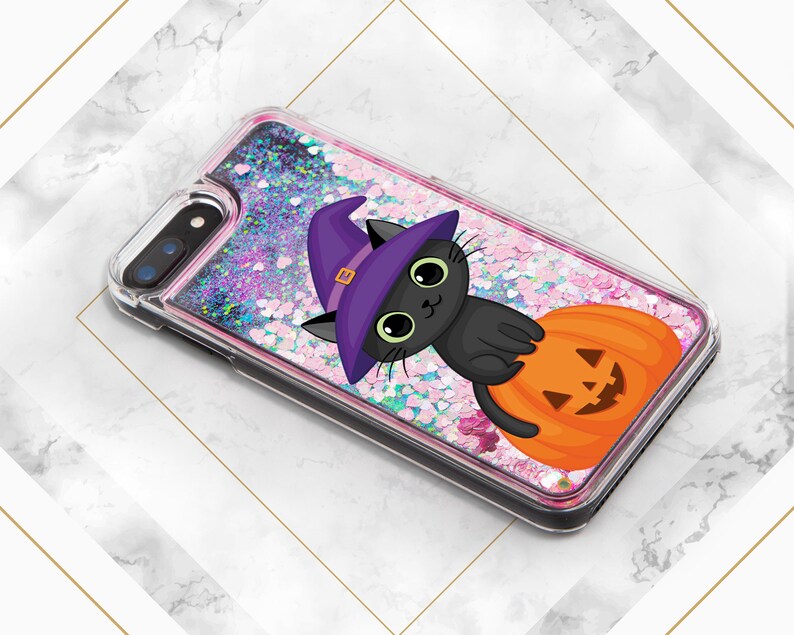 May include: A black glitter phone case with a black cat wearing a purple witch hat and holding a jack-o'-lantern. The case has a pink and white glitter background.