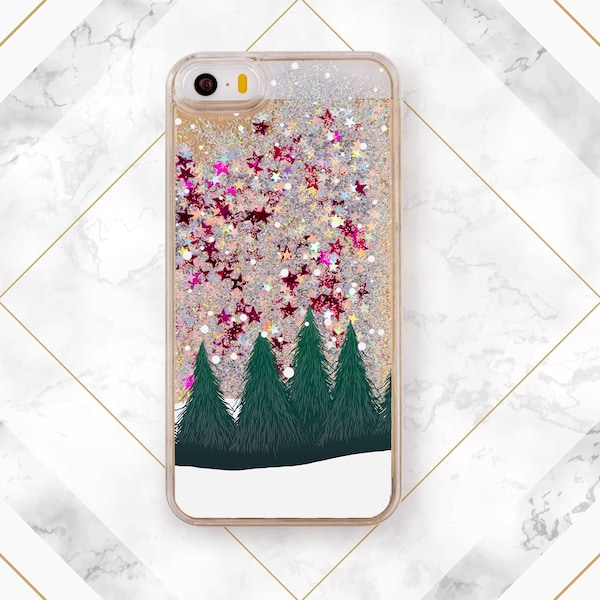 Winter fir tree Phone case glitter iPhone case nature Liquid Bling Floating Glitter Waterfall  Clear phone case Case for Samsung iPhone 13
