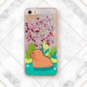 Capy in water print Phone case glitter iPhone case capybara Liquid Bling Floating Cute animal art Case for Samsung Glitter Waterfall Gift Silver