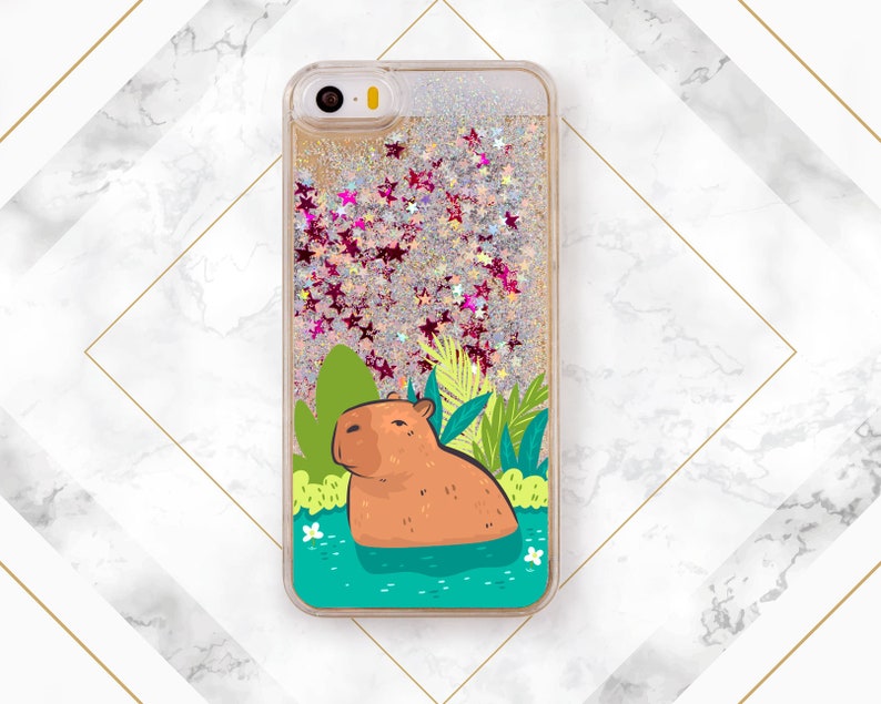 Capy in water print Phone case glitter iPhone case capybara Liquid Bling Floating Cute animal art Case for Samsung Glitter Waterfall Gift Silver