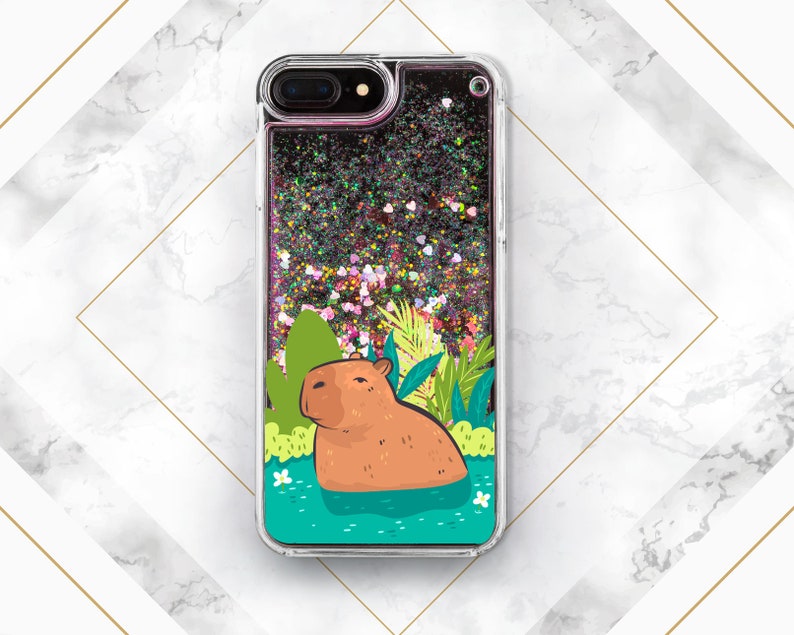 Capy in water print Phone case glitter iPhone case capybara Liquid Bling Floating Cute animal art Case for Samsung Glitter Waterfall Gift Pink