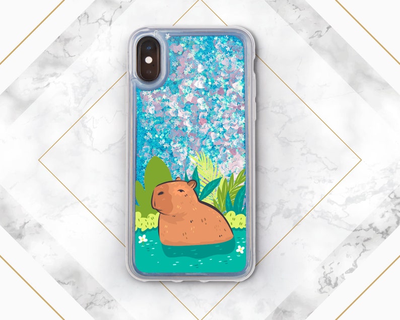 Capy in water print Phone case glitter iPhone case capybara Liquid Bling Floating Cute animal art Case for Samsung Glitter Waterfall Gift Blue