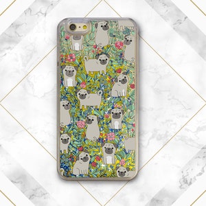May include: A clear phone case with a colorful pattern of pugs and flowers. The pugs are all different colors and sizes, and they are surrounded by flowers in shades of pink, yellow, and green.