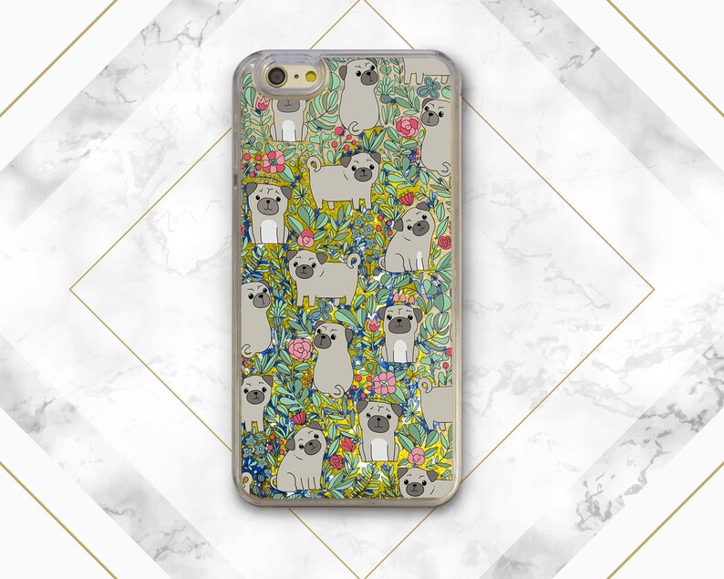 May include: A clear phone case with a colorful pattern of pugs and flowers. The pugs are all different colors and sizes, and they are surrounded by flowers in shades of pink, yellow, and green.