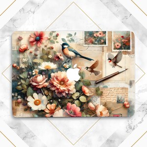 Capa para Macbook com estampa de decoupage vintage, capa com letras de pássaros fofos, capa fofa de chapim, capa rígida para Macbook, Macbook M4, M3, M2, capa para Macbook, presente floral