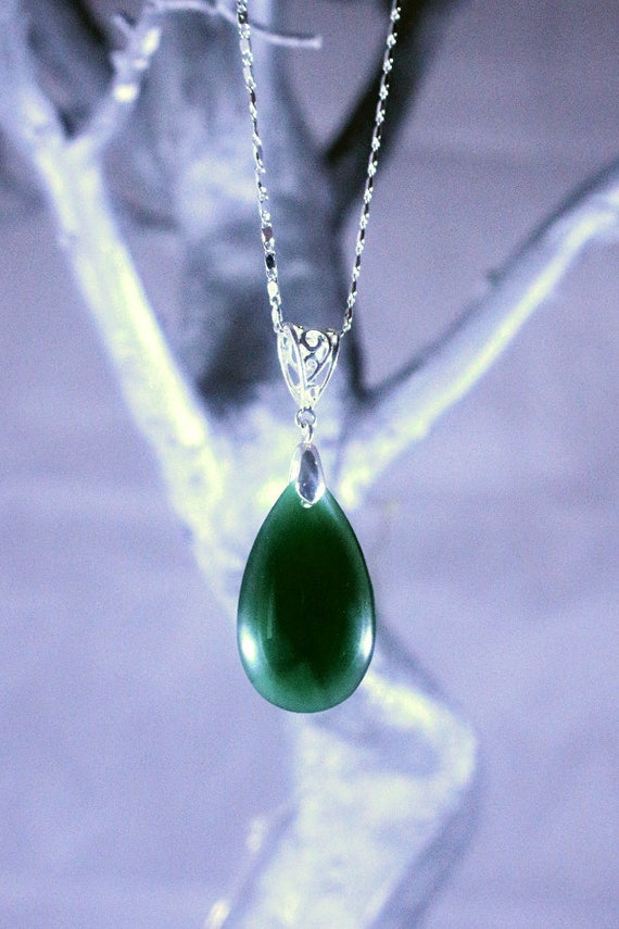 Necklace Green Jade Teardrop Pendant On A Sterling Silver Flat Chain With Filigree Bail - Green Jade Teardrop Pendant Necklace Necklace Green Jade Teardrop Pendant On A Sterling Silver Flat Chain With Filigree Bail - Green Jade Teardrop Pendant Necklace