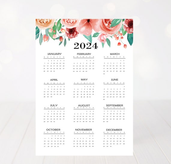 2024 Yearly Calendar, 2024 Calendar, Floral Calendar 2024, Calendar Full  Page Printable, Calendar Printable, Calendar, Yearly Calendar 