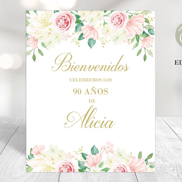 Spanish Birthday Welcome Sign Pink Flowers, Floral Welcome Poster Decor Printable, Pink  BirthdayTable Welcome Sign, Bienvenidos Party Sign
