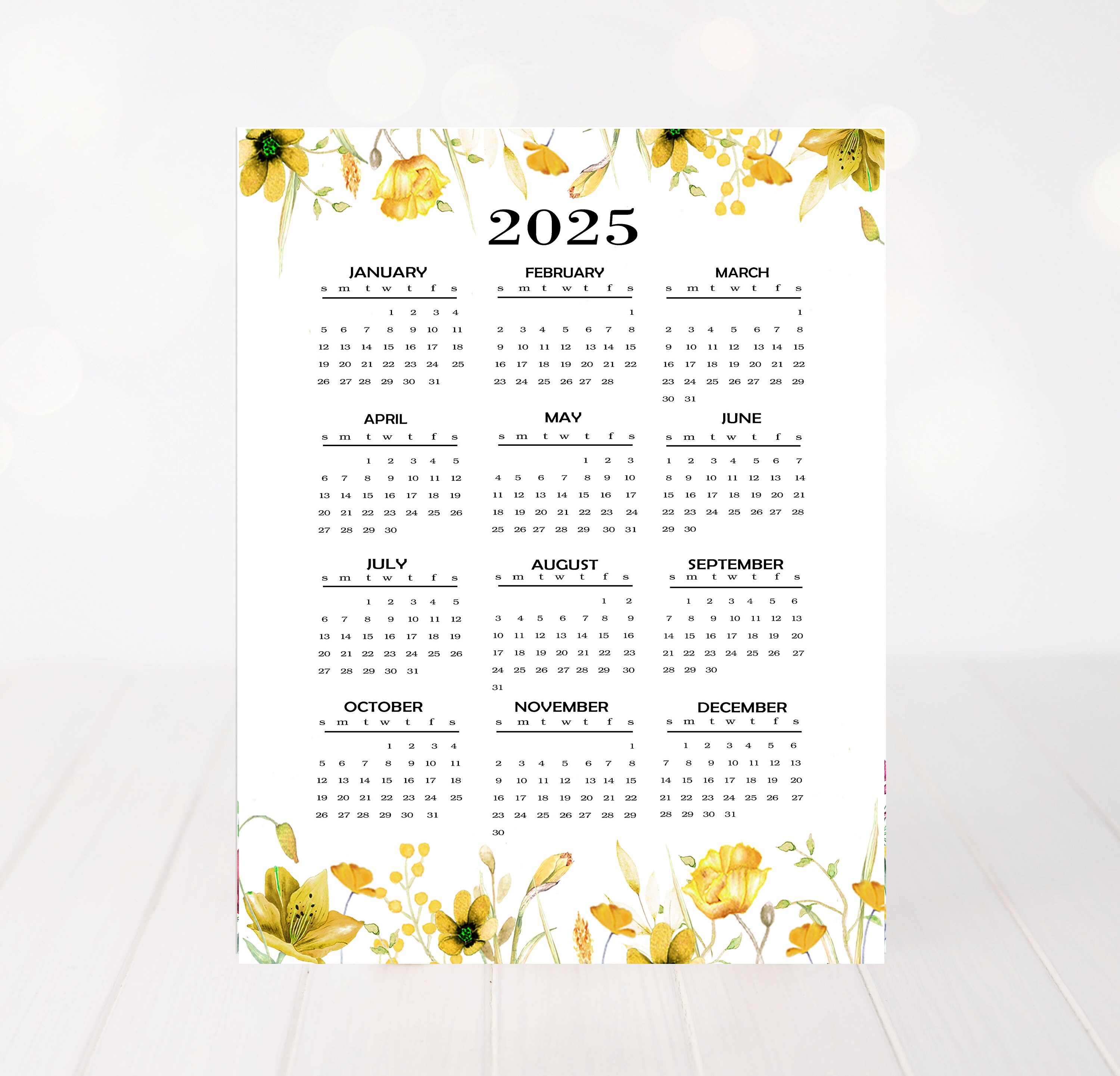 2025 Yearly Calendar, 2025 Calendar, Yellow Floral Calendar