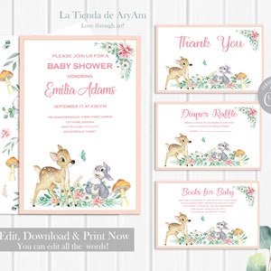 Editable Baby Shower Invitation Set, Bambi and thumper  baby shower set, Pink baby shower, Editable Printable Invite, Girl bambi baby shower