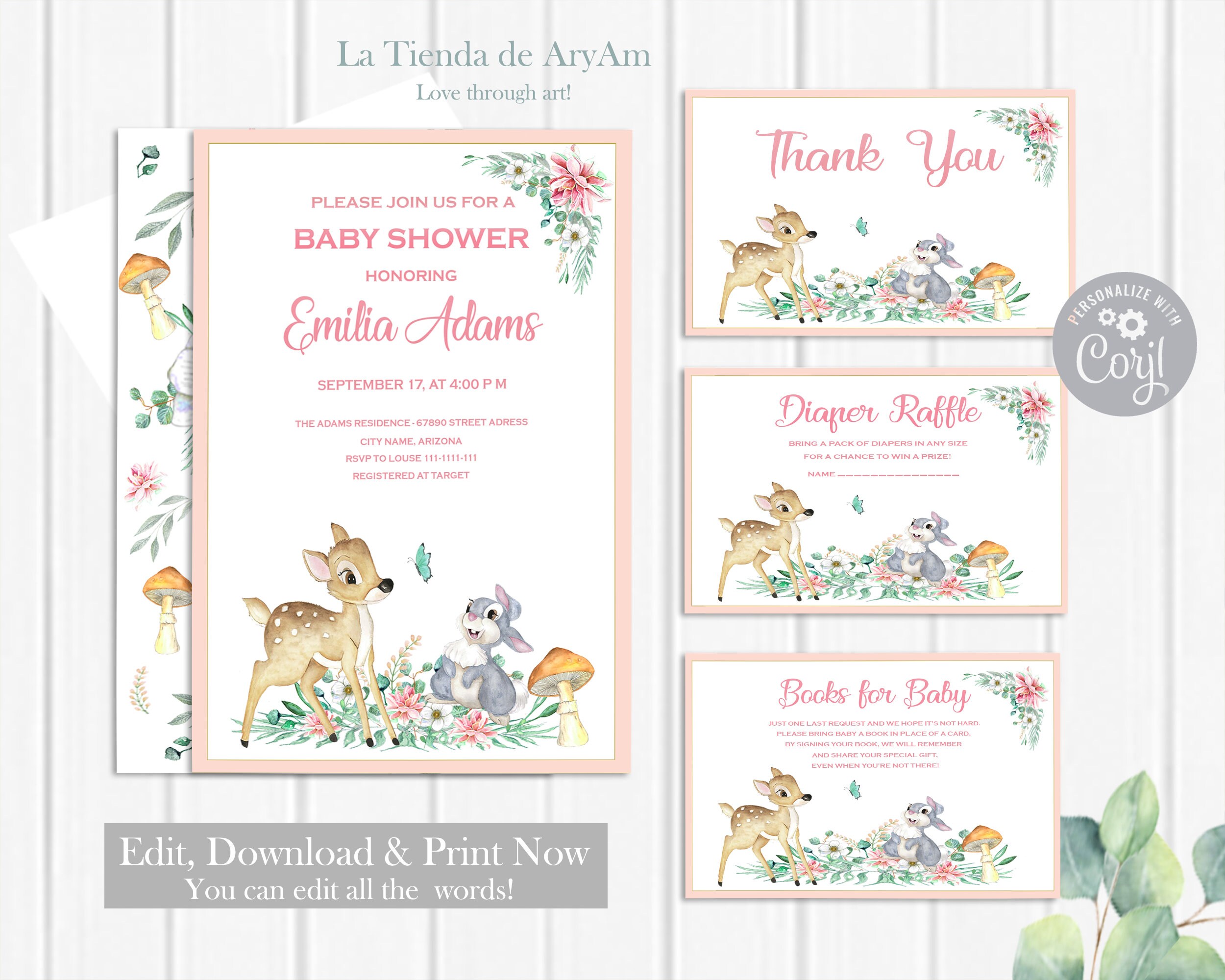 Editable Baby Shower Invitation Set Bambi and Thumper Baby Etsy