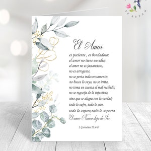 Spanish bible verse Card, 1 Corintios 13, El amor es paciente, Verso de la Biblia, Printable  Spanish Wedding Card,  Spanish Wedding Gift