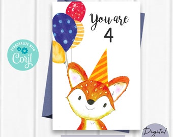 Editable Personalised Birthday Card, Kids Birthday Card, 4th Birthday Fox, Printable Card, Children's Birthday Card, You Are 4 Card