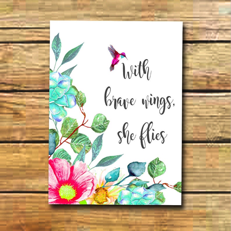 With brave wings she flies Printable girl positive vibe quote Nursery Decor Kidds Room Decor Watercolor Nursery Art Quote Print