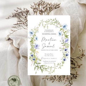 Faire-part de mariage espagnol, Invitación para Boda en español, Invitación para Boda de flores silvestres azules, Modifiable