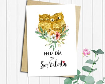 Carte imprimable Feliz Dia De San Valentin, carte de la Saint-Valentin espagnole, Tarjeta San Valentin, espagnol hiboux en amour carte, carte d’amour espagnol