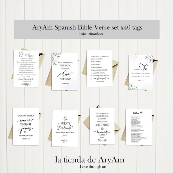 40 etiquetas de versículos bíblicos en español, tipografía de versículos bíblicos en español, tarjetas inspiradoras de 3,50" x 2,50", versículos bíblicos en español imprimibles