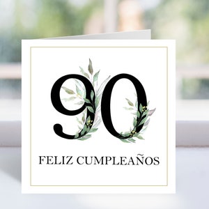 Cartão 90º Feliz Cumpleaños, Cartão de aniversário espanhol 90º para impressão, Cartão 90º Feliz Cumpleaños personalizado