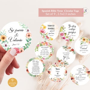 Spanische Bibel-Vers-Tags, Schrift-Kunst-Tags, bedruckbare 2,5-Zoll-Kreise, spanische Bibel-Vers-Set, Collagenblatt, Inspirationskarten