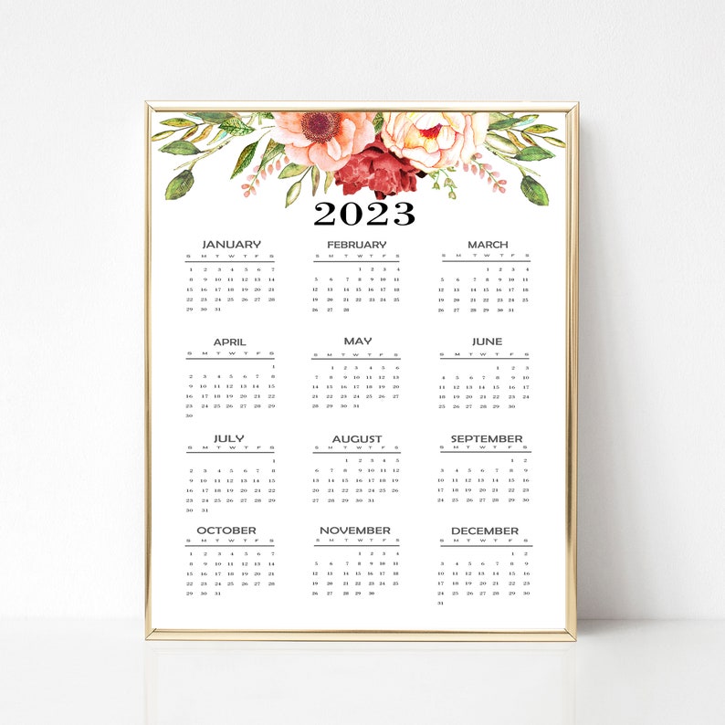 2023 Yearly Calendar 2023 Calendar Floral Calendar 2023 - Etsy