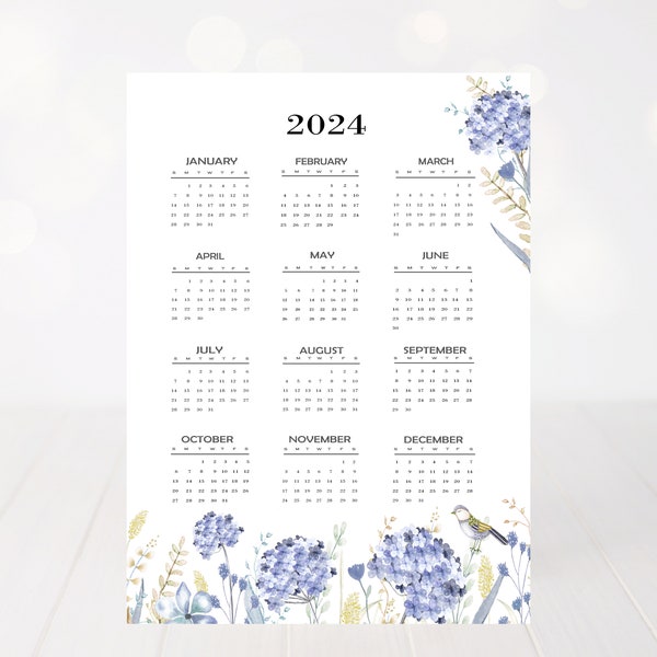 2024 Yearly Calendar, 2024 Calendar, Floral Calendar 2024, Calendar Full Page Printable, Calendar Printable, Calendar, Yearly Calendar