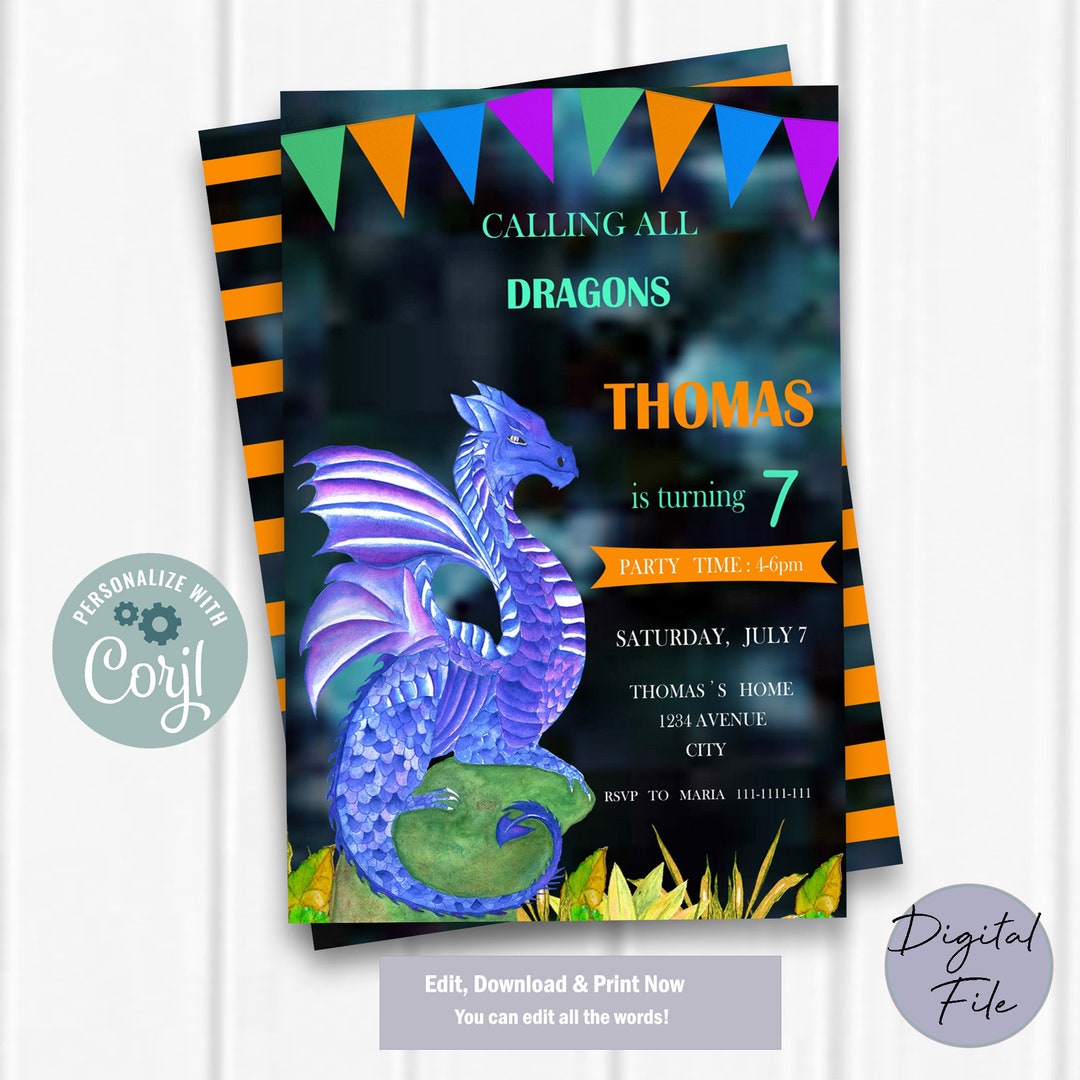 Dragon Birthday Invitation. EDITABLE Birthday Invitation, Dragon Party ...