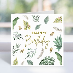 Cartão de aniversário para impressão, cartão de aniversário de folhas tropicais, feliz aniversário, folhas tropicais, download instantâneo, cartão de felicitações 5x7