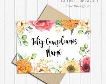 Feliz Cumpleaños, Biglietto d'auguri stampabile per la mamma in spagnolo, Biglietto d'auguri, Acquerello floreale, Biglietto madre spagnolo, Biglietto d'auguri 5x7