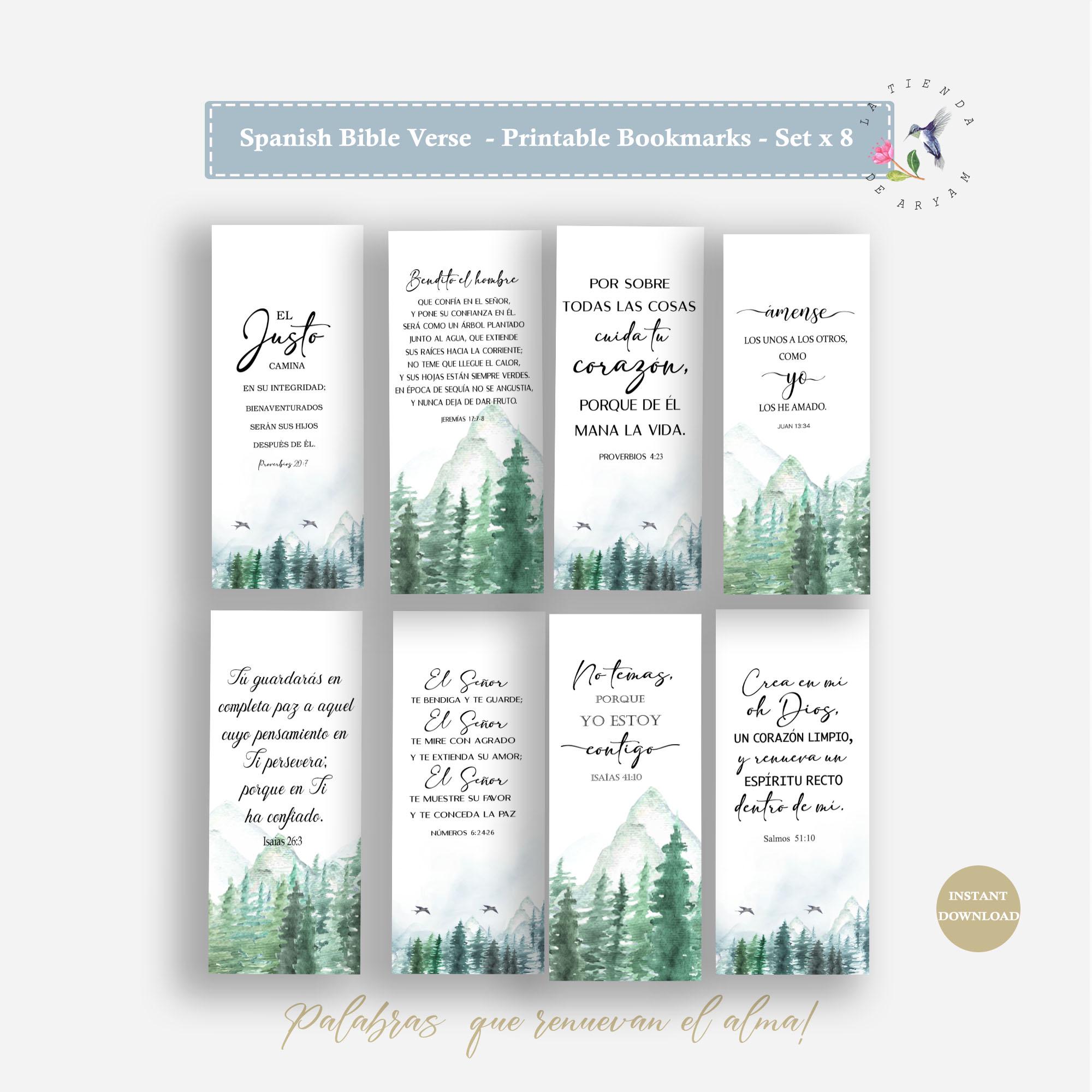 Spanish Bible Bookmarks, Printable Set of 8, 7 x 2.5 Inches, Bookmarks Inspirational Art Journal, Spanish Bible Verse for  Father's Day