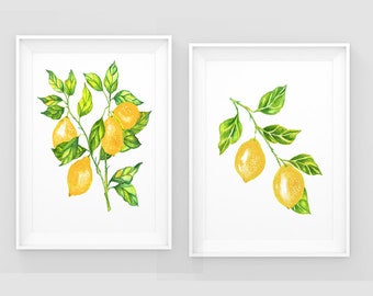 Lemons prints, Set of two wall art, Watercolor print, Printable art, Watercolor lemons, Printable watercolor, Instant Download