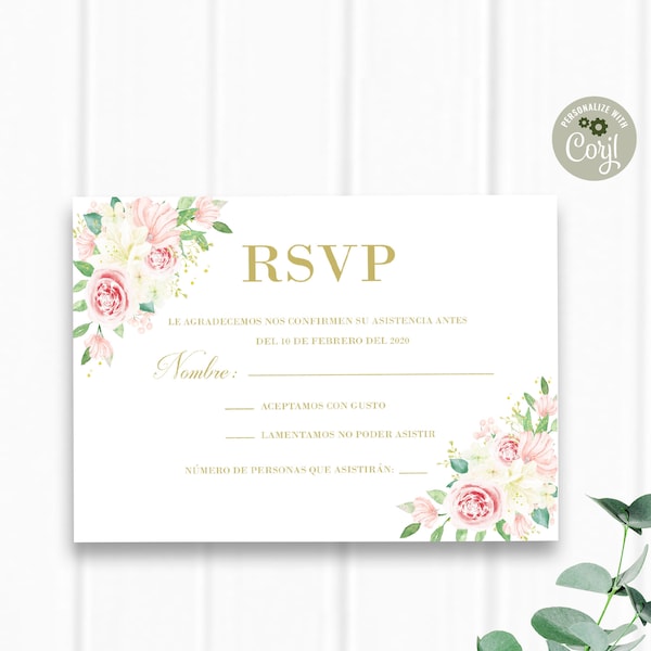 Spanish  RSVP Card, Spanish Kindly Reply, Pink Flowers Theme, Quinceanera, Birthday, Shower, Wedding, Editable RSVP