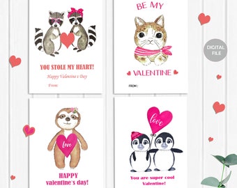 Kid Valentines Day Cards Printable, Cute Animal Valentines, Valentine Cards, Kid Gifts for School, Classroom Valentine Cards