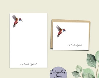 Printable Personalized stationery set, Hummingbird Notecard, Letter paper, 5x7 notepad, Letter writing set, Hummingbird letter paper